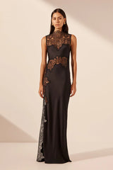 Jamila Lace High Neck Maxi Dress - Black
