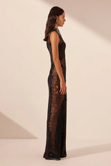 Jamila Lace High Neck Maxi Dress - Black