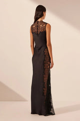 Jamila Lace High Neck Maxi Dress - Black