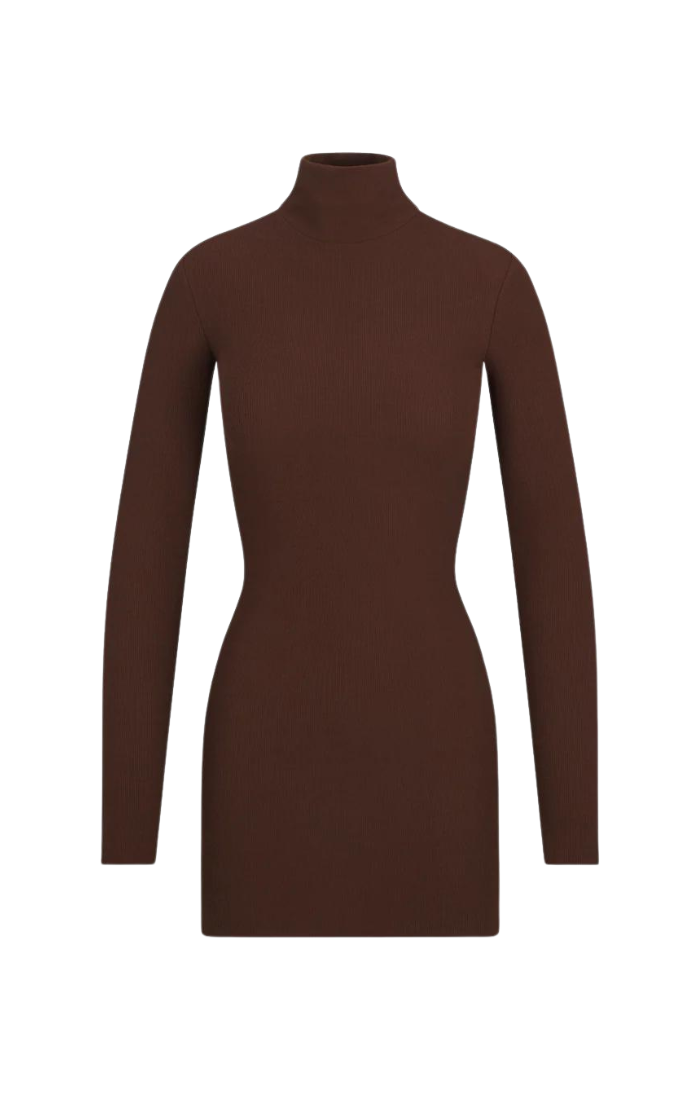 Long Sleeve Turtleneck Dress Mini - Chocolate