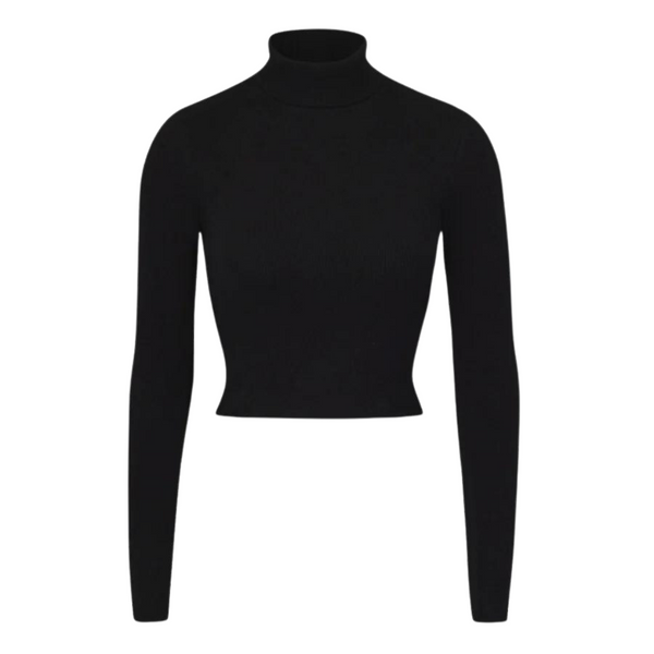 Cropped Fitted Turtleneck Top - Black