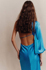 Ciel Silk One Shoulder Open Back Maxi Dress - Aqua