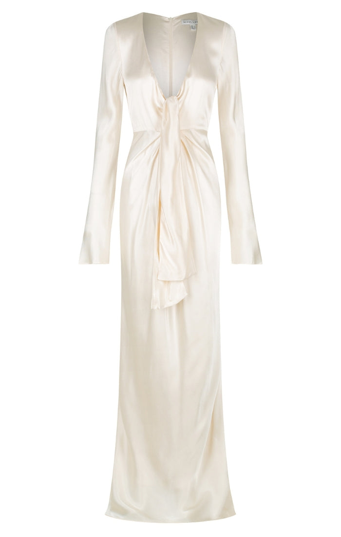 La Lune Plunged Tie Front Maxi Dress - Cream