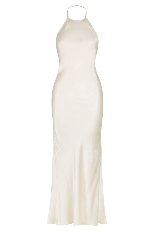 La Lune Low Bk Halter Neck Midi Dress - Cream