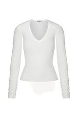 Long Sleeve V-Neck Top - White - BLVD