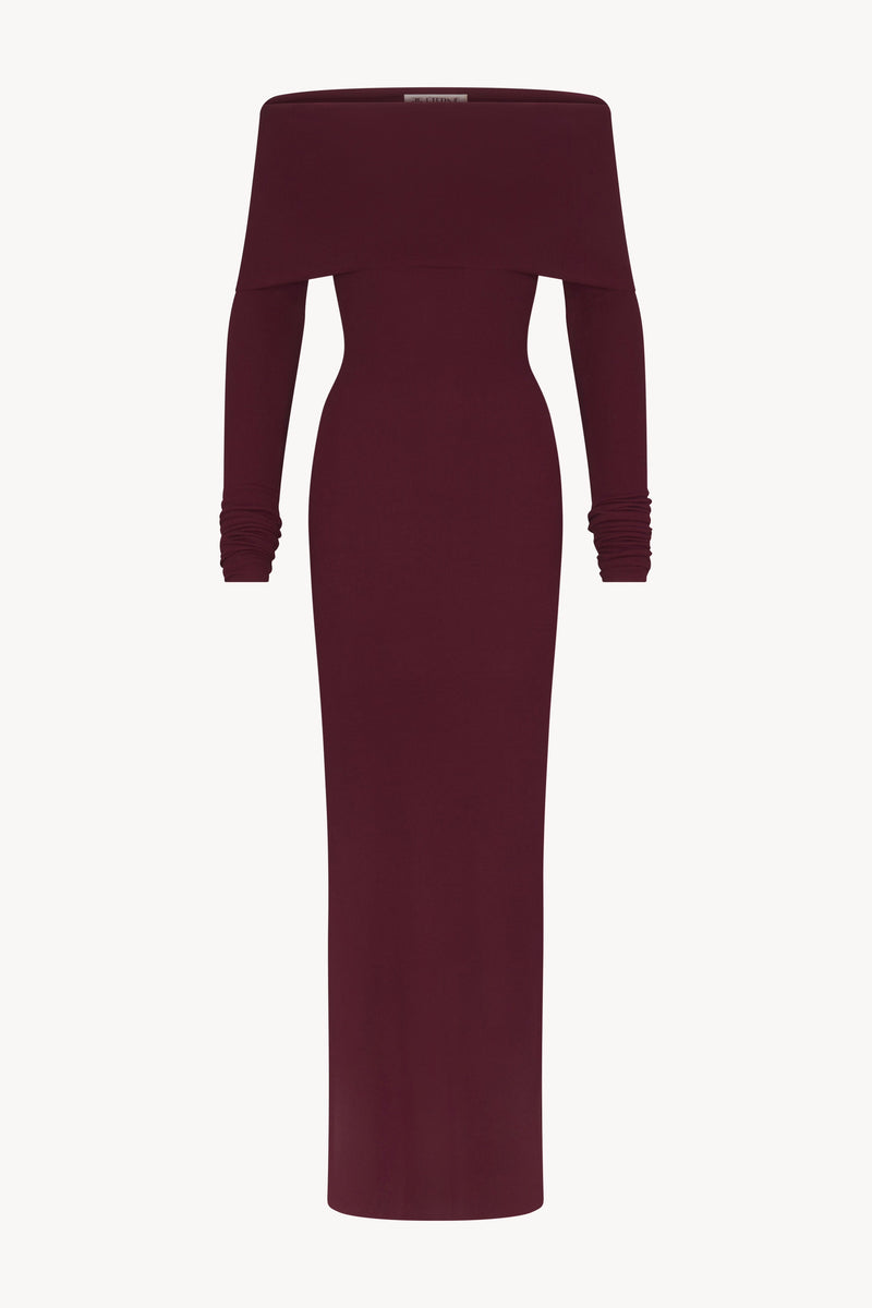 Long Sleeve Off-Shoulder Maxi Dress - Oxblood