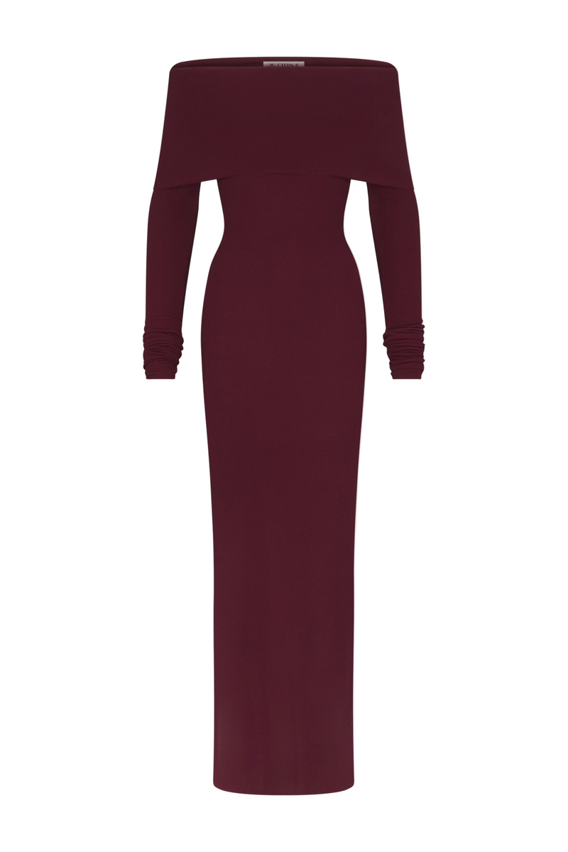 Long Sleeve Off-Shoulder Maxi Dress - Oxblood