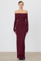 Long Sleeve Off-Shoulder Maxi Dress - Oxblood