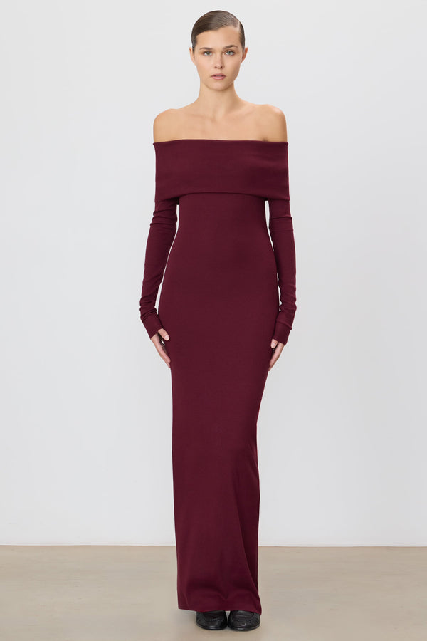 Long Sleeve Off-Shoulder Maxi Dress - Oxblood