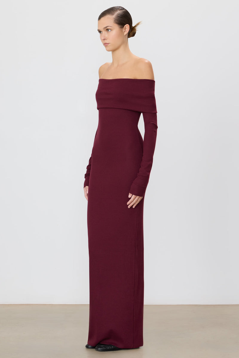 Long Sleeve Off-Shoulder Maxi Dress - Oxblood