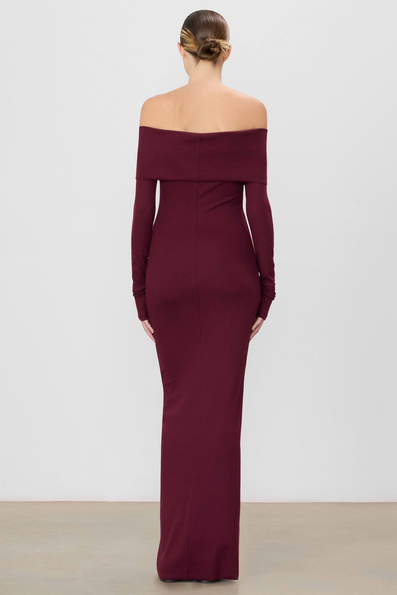 Long Sleeve Off-Shoulder Maxi Dress - Oxblood