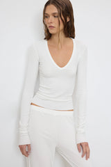 Long Sleeve V-Neck Top - White
