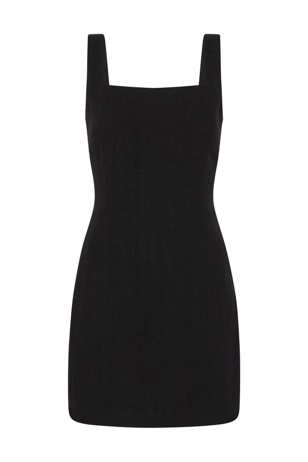 Linen Square Neck Mini Dress - Black