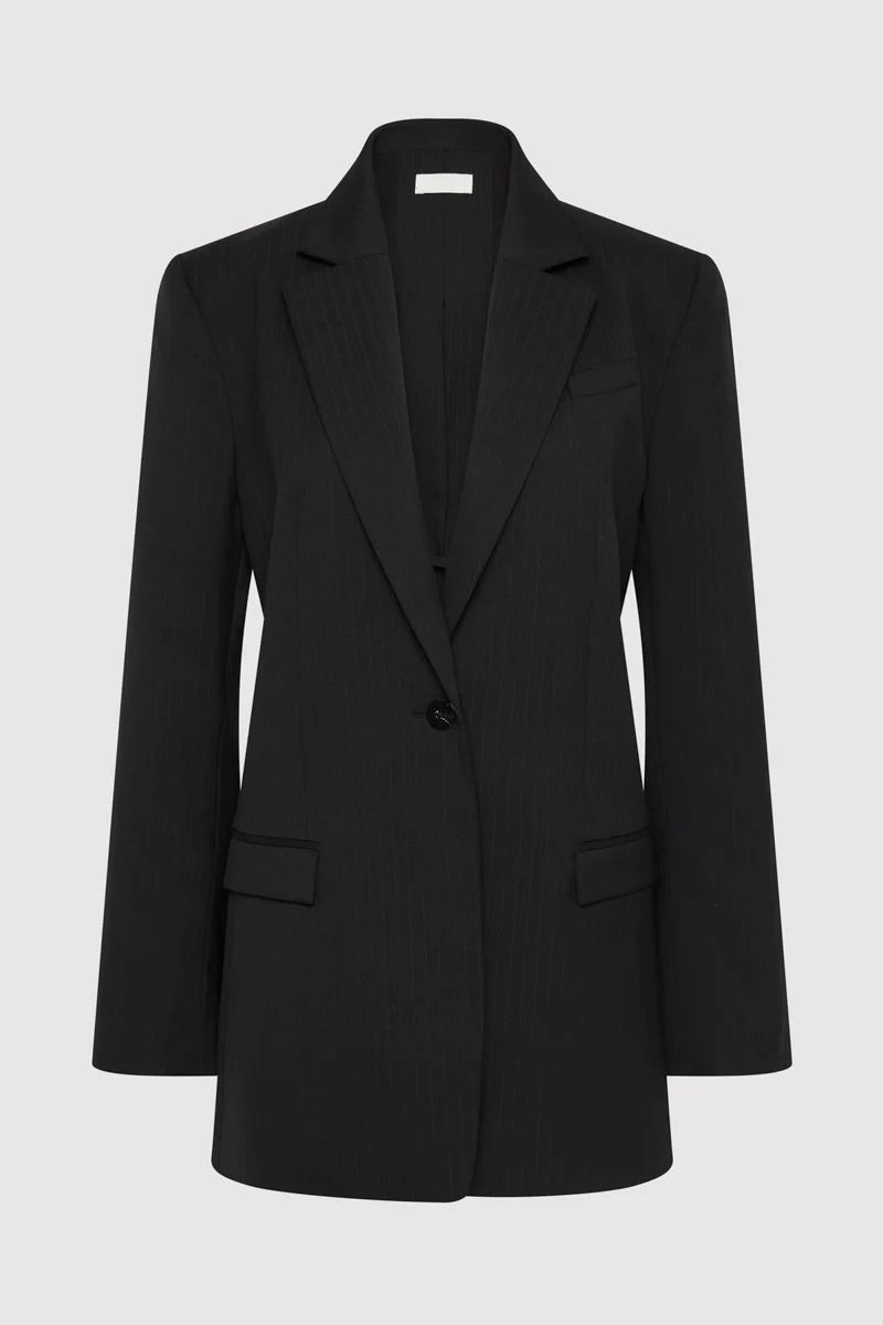 Split Back Blazer - Black Pinstripe
