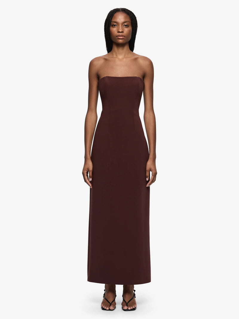 raisin bridesmaid dresses Bec + Bridge Romee Strapless Maxi Dress in Brown Bonded crepe fabrication Strapless