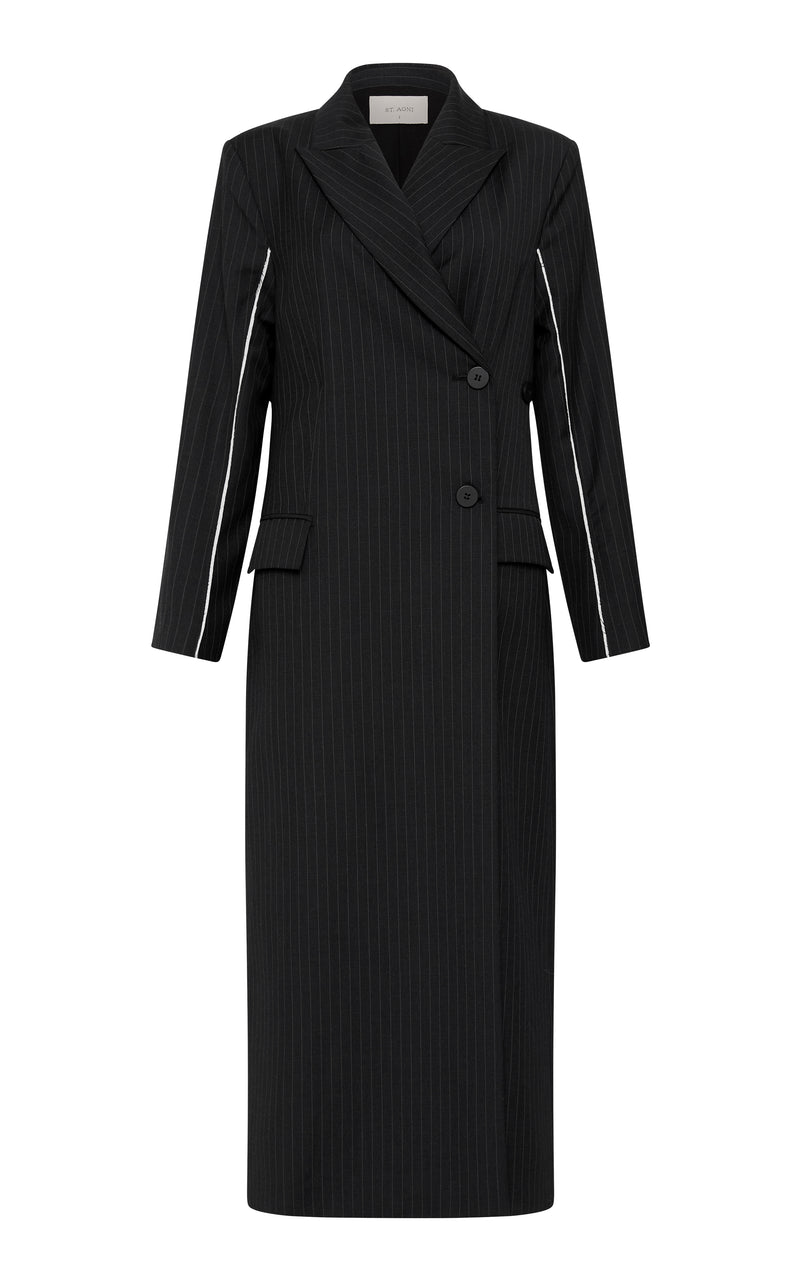 Pinstripe Maxi Coat - Black