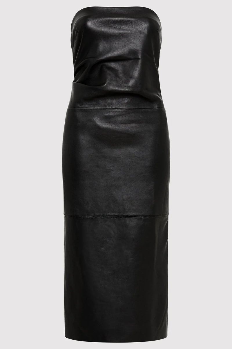 Tuck Detail Leather Dress - Black