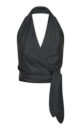 Silk Halter Wrap Top - Washed Black
