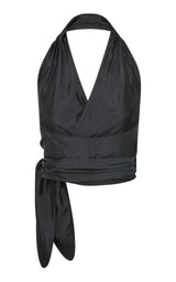 Silk Halter Wrap Top - Washed Black