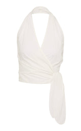 Pinstripe Halter Wrap Top - White