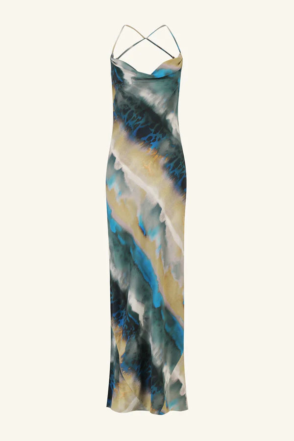 Jardin Silk Double Cowl Bias Maxi Dress - Aqua