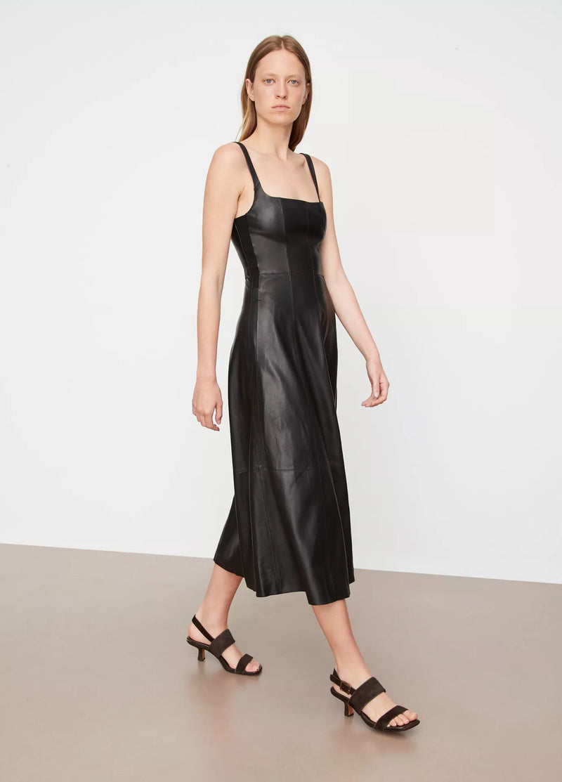 Square-Neck Leather Dress - Black