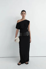 Asymmetric Off Shoulder Dress - Black
