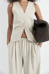 Pinstripe Wool Drawstring Pants - Latte