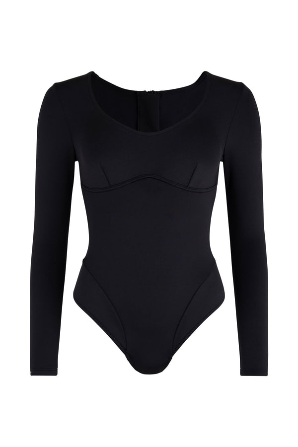 Brushed Black Long Sleeve Bodysuit - Black