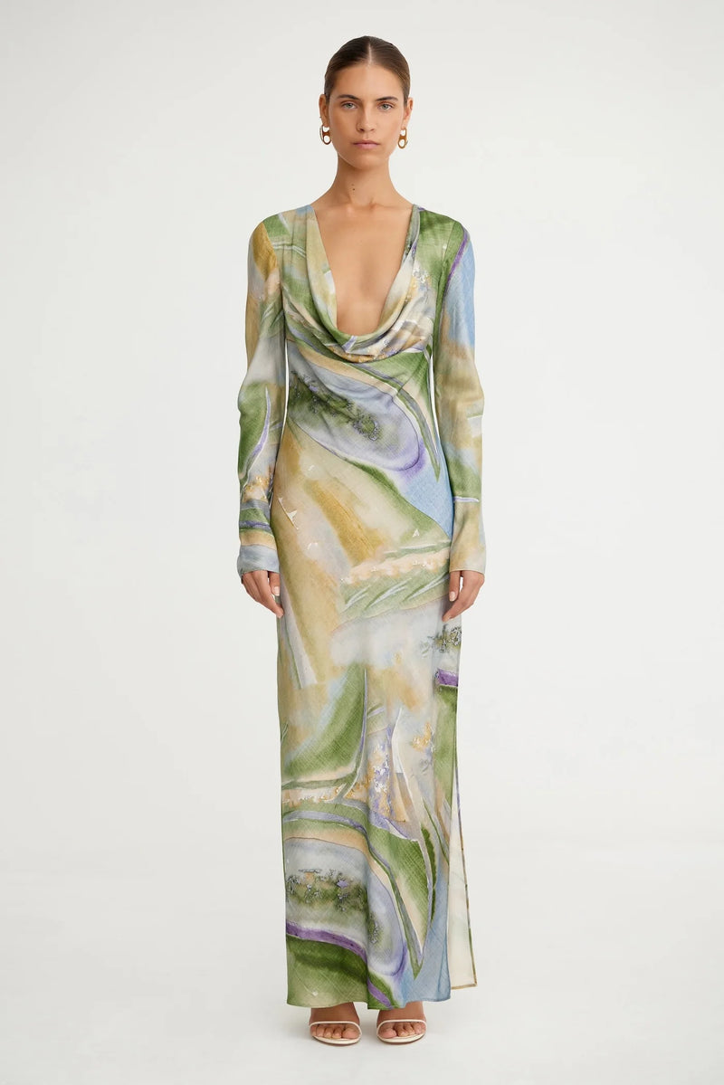 marble long sleeve dress Green Amara Marble Print Long Sleeve Dress