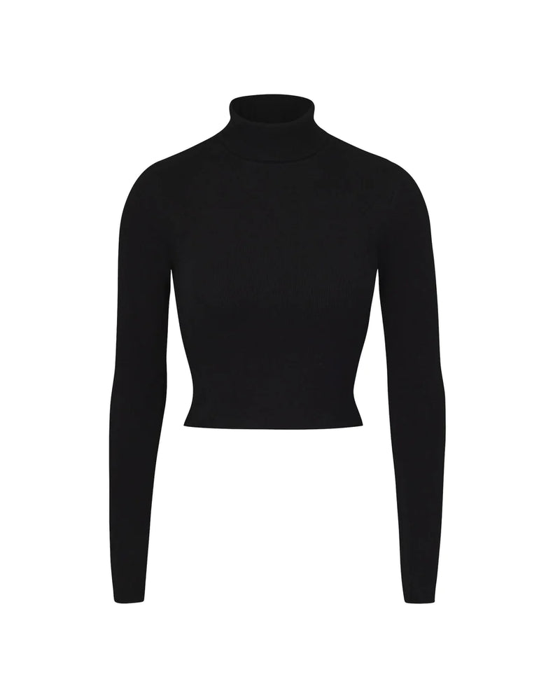 Cropped Fitted Turtleneck Top - Black