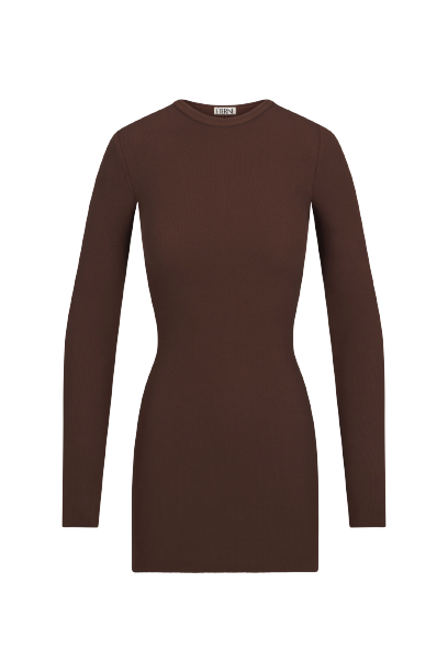 Long Sleeve Crewneck Dress Mini - Chocolate