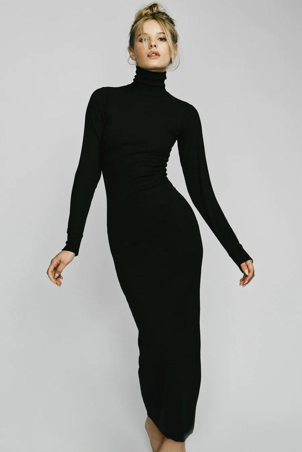 Long Sleeve Turtleneck Dress Maxi - Black