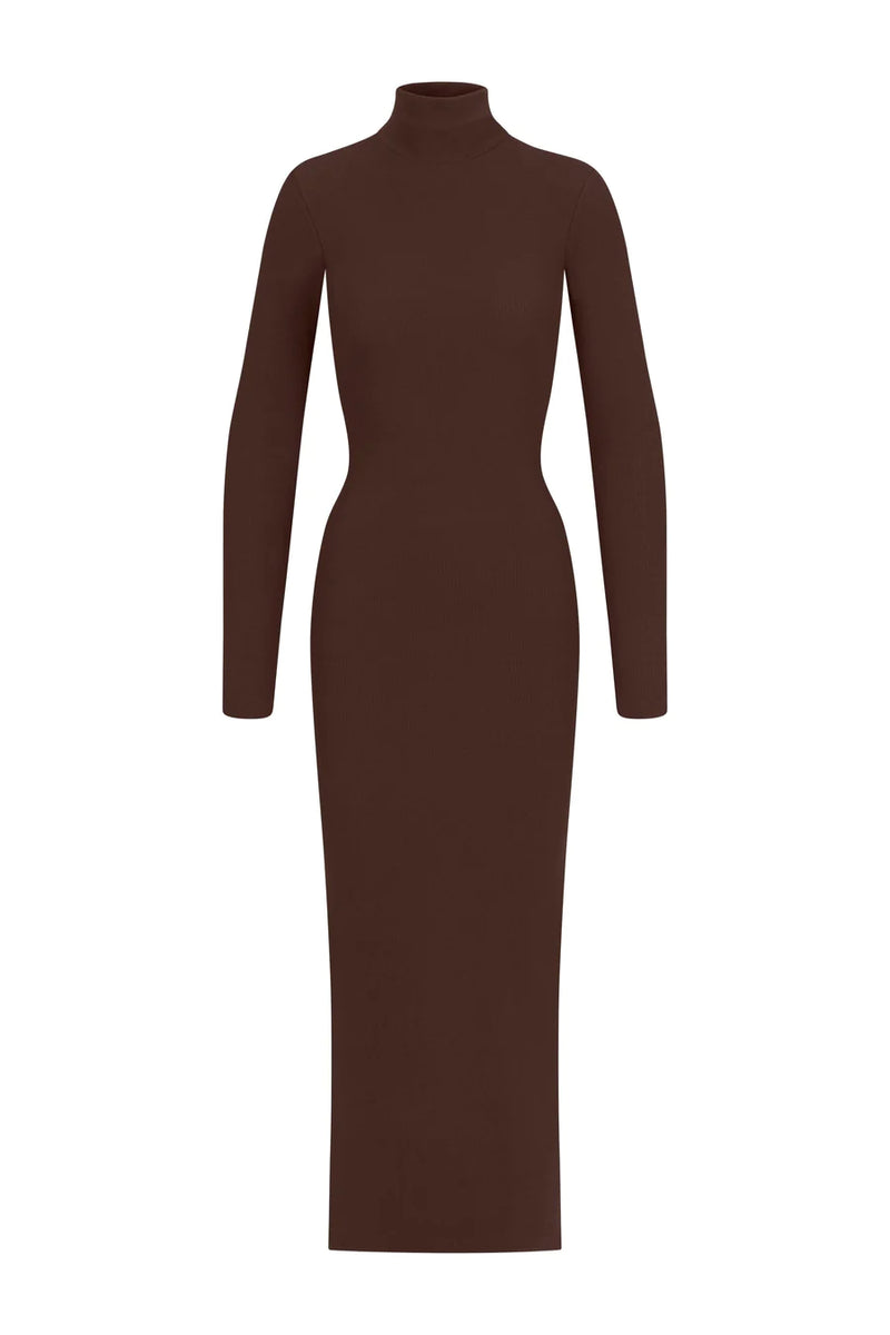 Long Sleeve Turtleneck Dress Maxi - Chocolate
