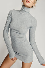 Long Sleeve Turtleneck Dress Mini - Heather Grey