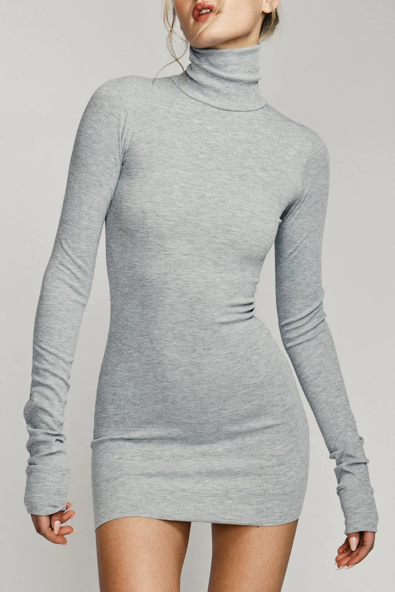 Long Sleeve Turtleneck Dress Mini - Heather Grey