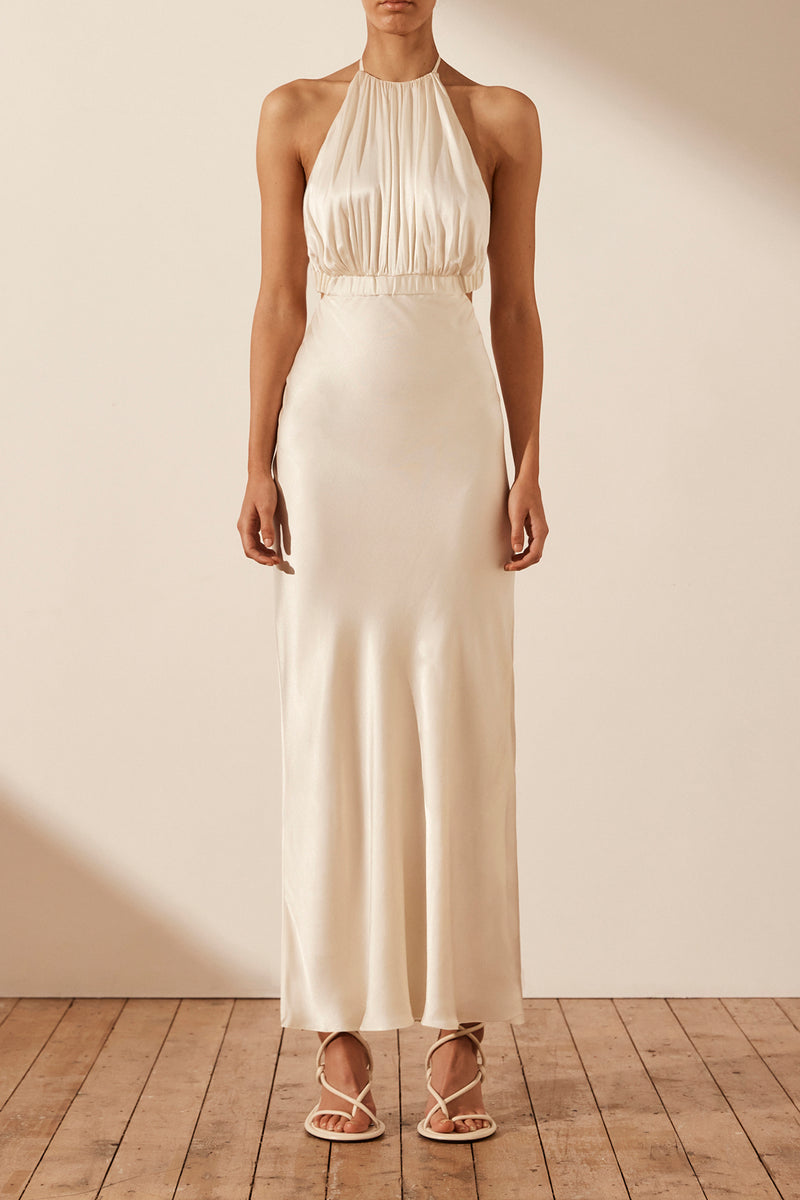 Milo Ruched Open Back Halter Midi Dress - Coconut BLVD Milo Ruched Open Back Halter Midi Dress - Coconut BLVD