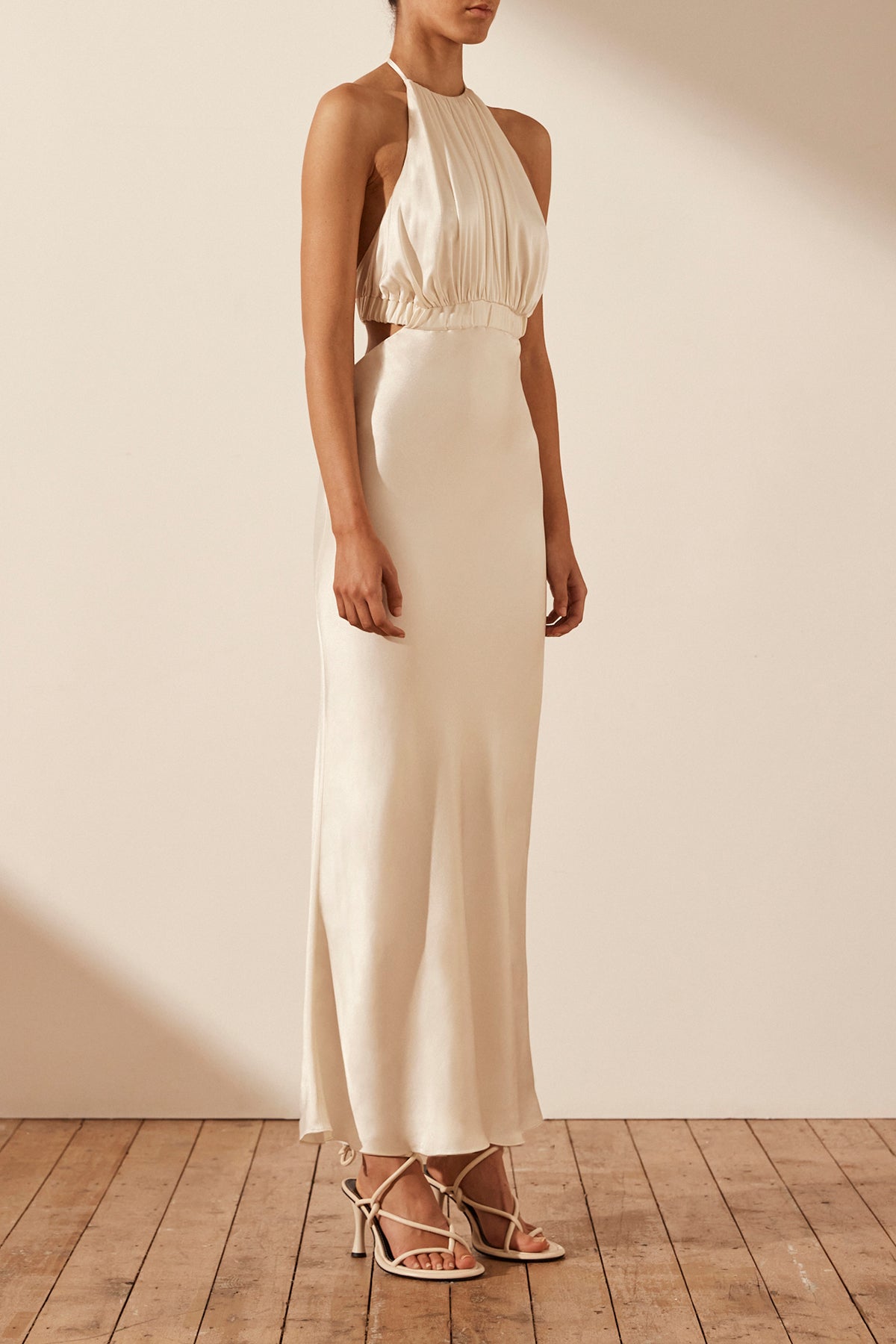 Milo Ruched Open Back Halter Midi Dress - Coconut BLVD Milo Ruched Open Back Halter Midi Dress - Coconut BLVD
