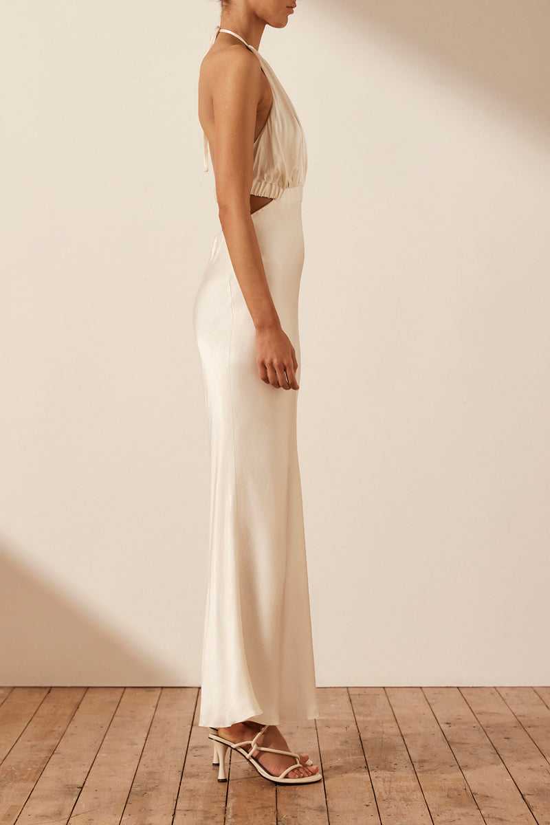 Milo Ruched Open Back Halter Midi Dress - Coconut Milo Ruched Open Back Halter Midi Dress - Coconut