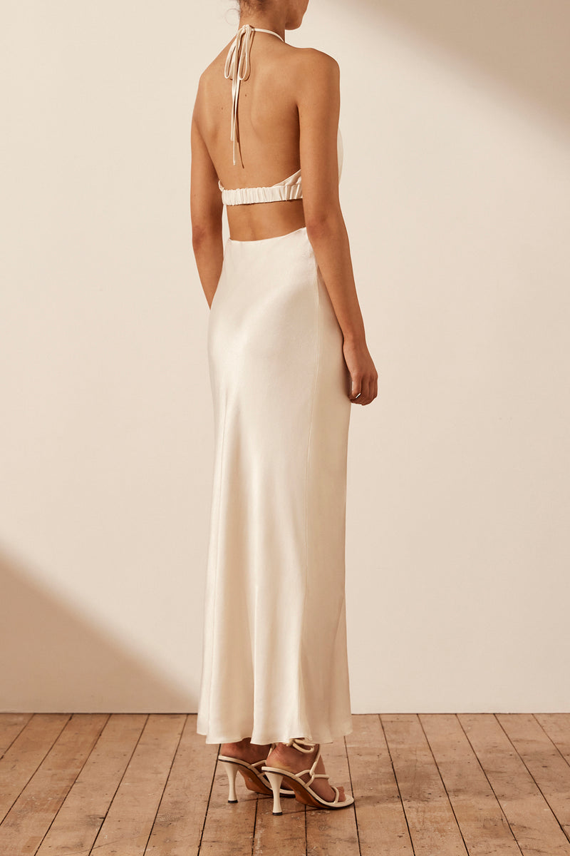 Milo Ruched Open Back Halter Midi Dress - Coconut BLVD Milo Ruched Open Back Halter Midi Dress - Coconut BLVD