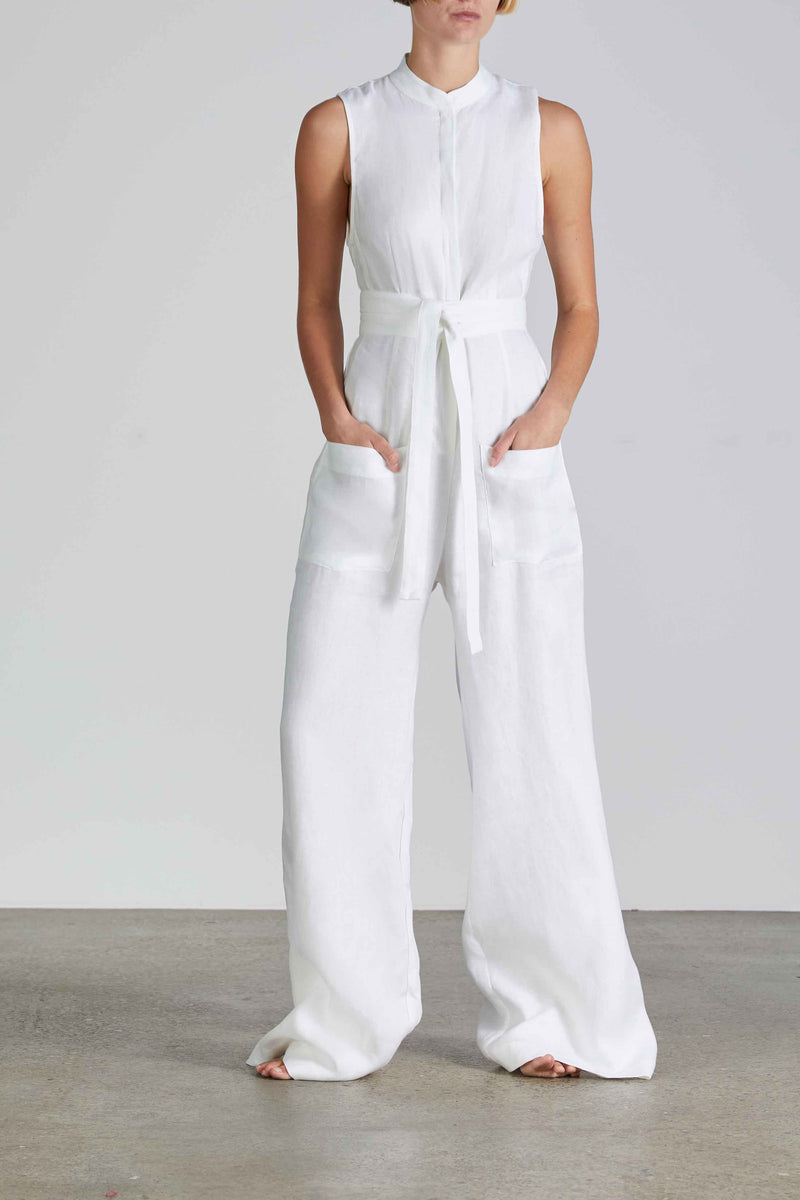 Womens white linen jumpsuit sales