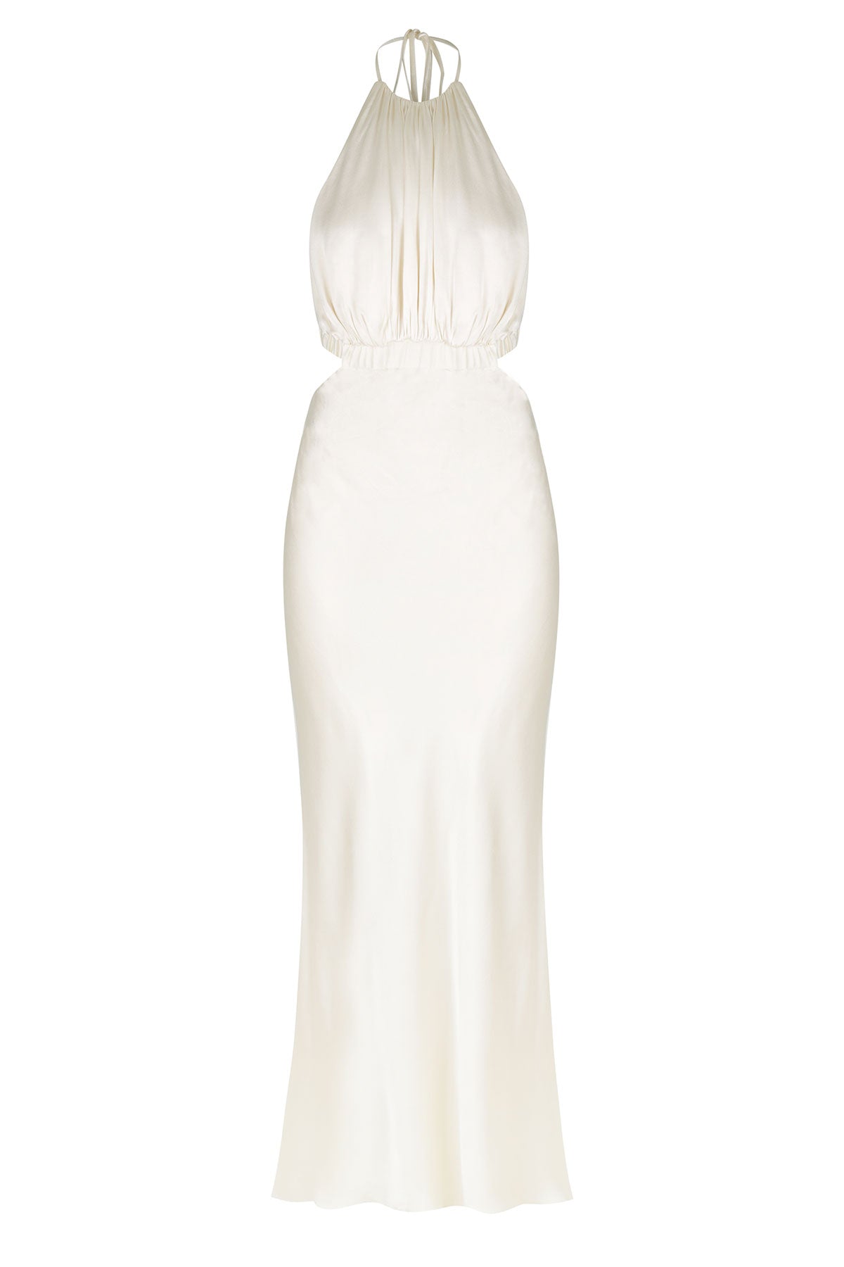 Milo Ruched Open Back Halter Midi Dress - Coconut BLVD Milo Ruched Open Back Halter Midi Dress - Coconut BLVD