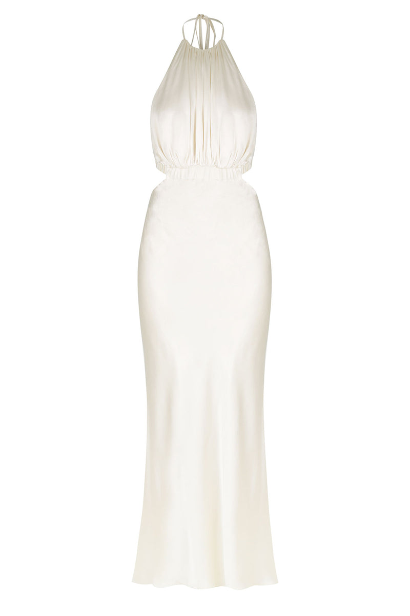Milo Ruched Open Back Halter Midi Dress - Coconut BLVD Milo Ruched Open Back Halter Midi Dress - Coconut BLVD