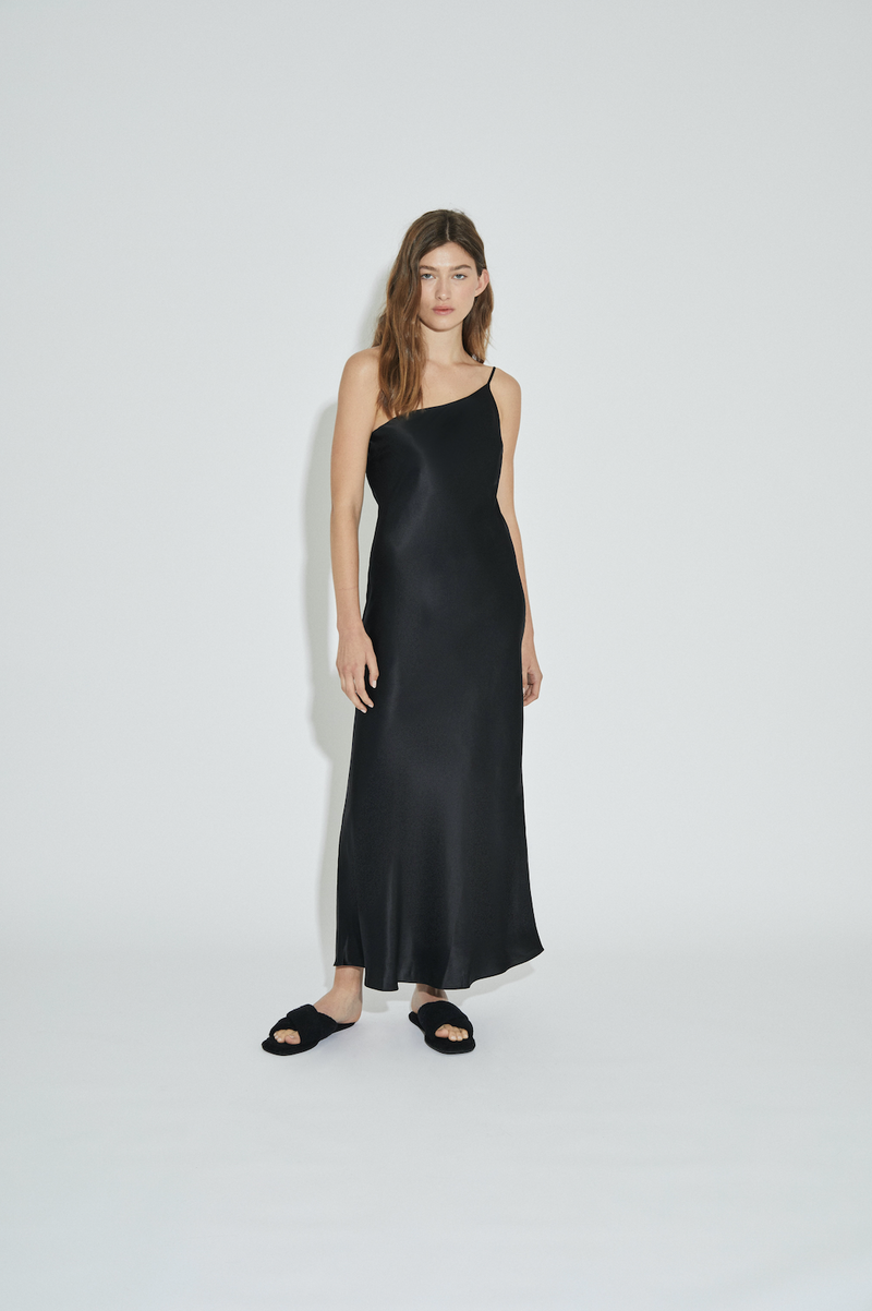 Asymmetrical Maxi Slip Dress - Black