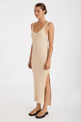 Knitted Cotton Rib Dress - Camel