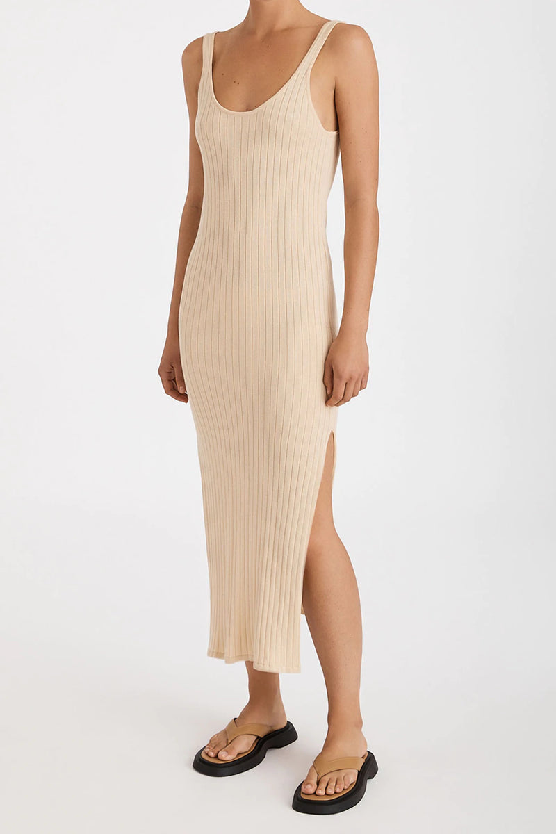 Knitted Cotton Rib Dress - Camel