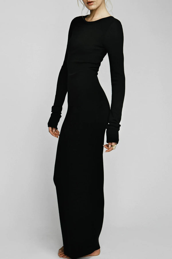 Long Sleeve Crewneck Dress Maxi - Black