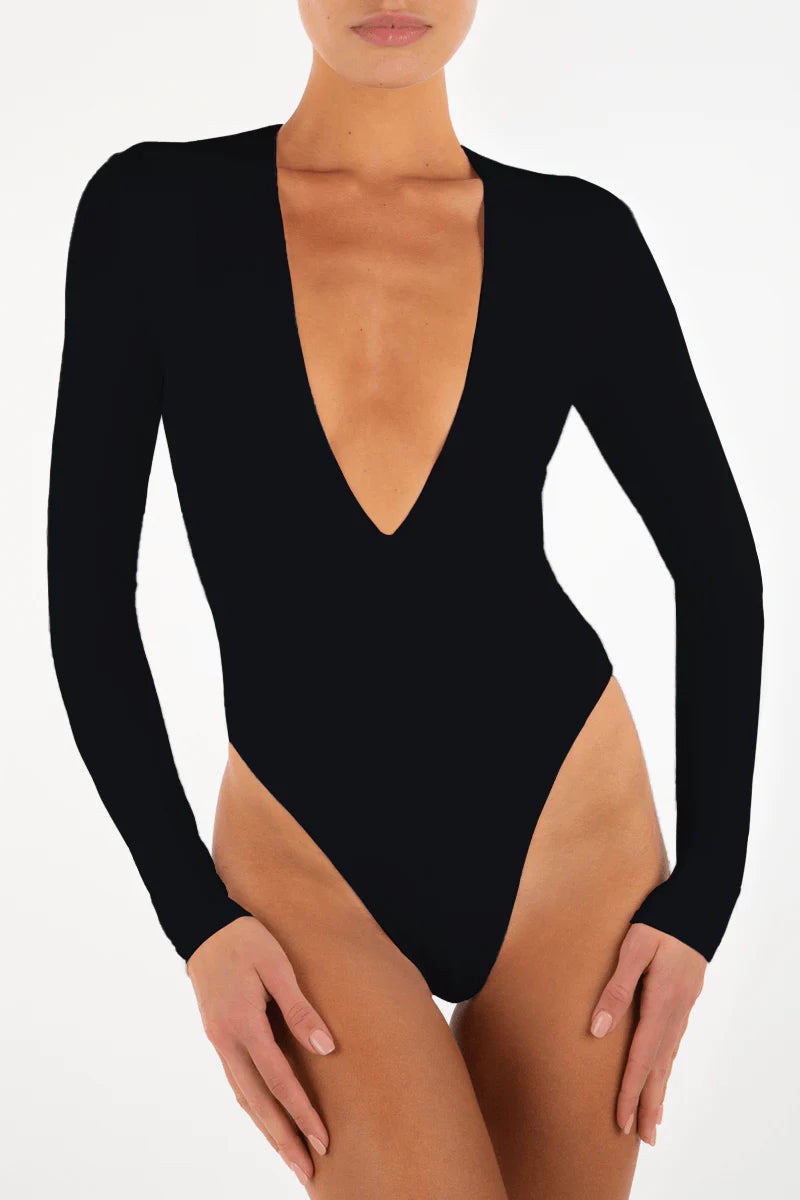 Long Sleeve Deep V Bodysuit - Black